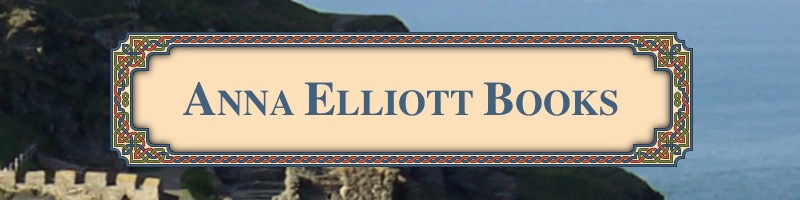 Site title Anna Elliott Books over photo of Tuntagel ruins